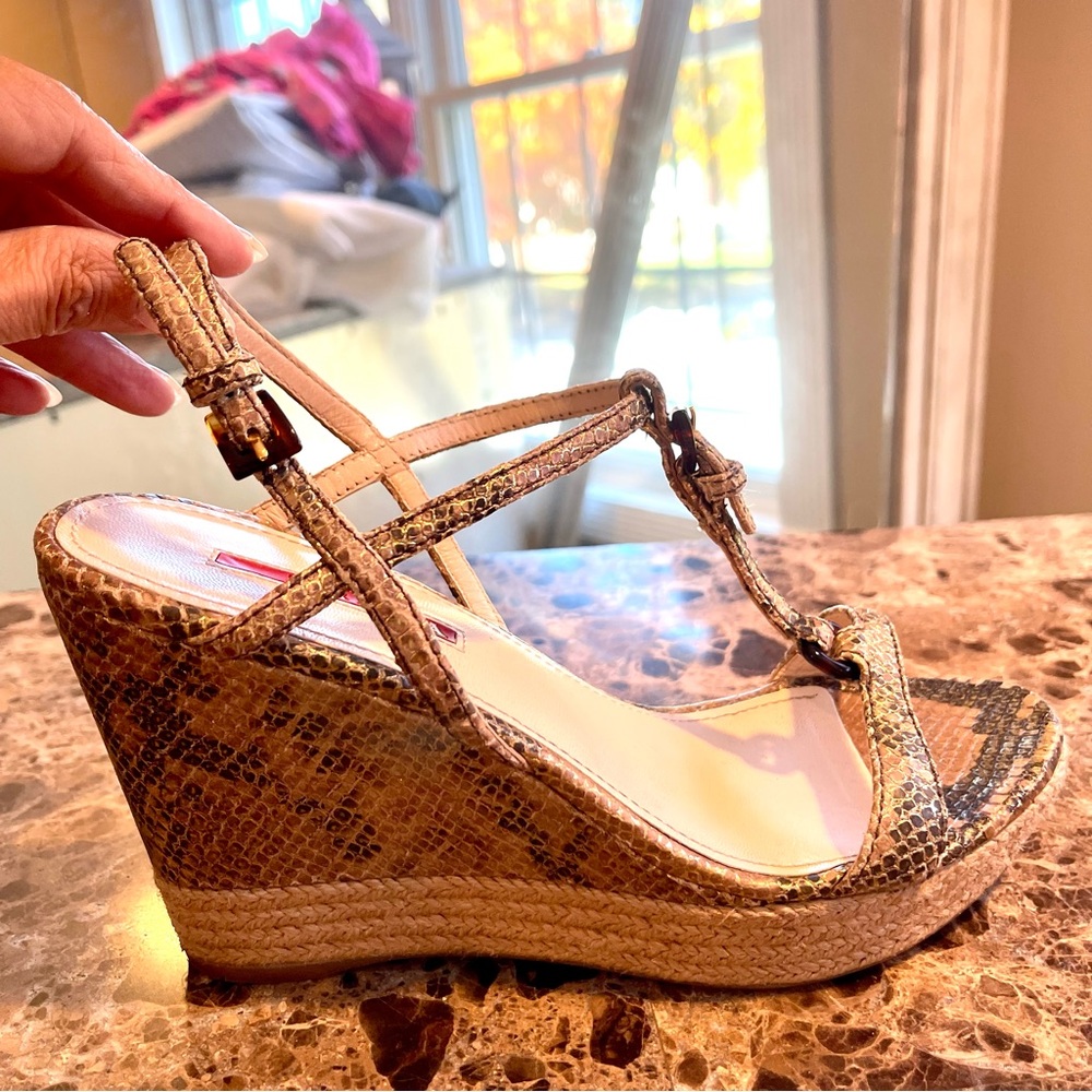 Prada Women’s Wedge Reptile Embossed High Heel Sandals SZ EU 38 1/2/US 7.5